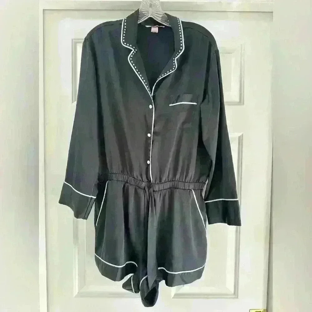 NEW Victorias Secret Black Long Sleeve Bling Trim Satin Sleep Romper Size L
